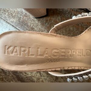 Dusty pink Karl lagerfeld heels. Pearl/rhinestone straps with chunky heels